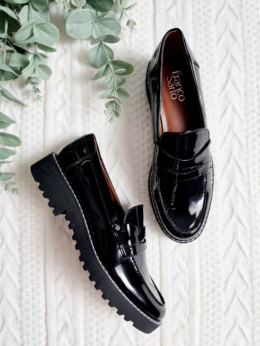 Franco Sarto Cassandra Women's Loafers Lug Platform Slip On Gloss Black 7.5 NWOB